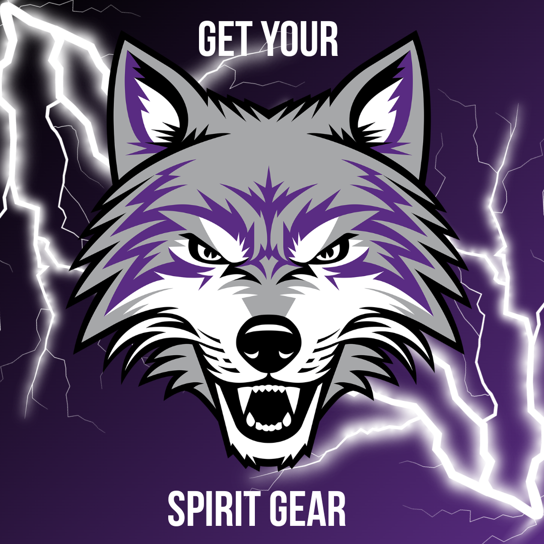 The Rockland Wolves mascot on a purple background with lightning and "get your spirit gear"